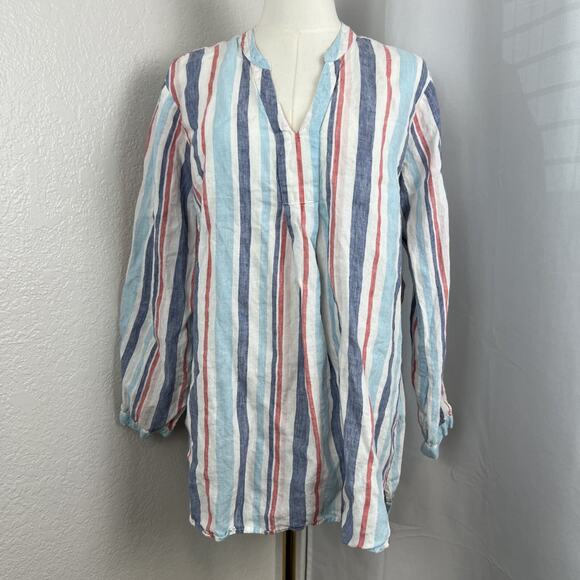 LL Bean Top Womens Large Blue Striped Linen Resortwear Coastal Preppy Beachy - Picture 1 of 10